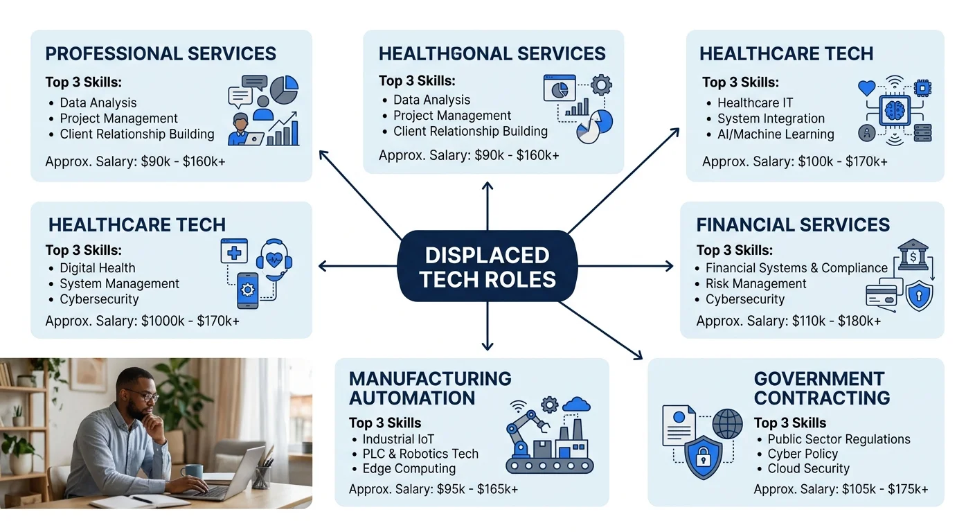 A diagram showing five career pathway branches radiating from a central node labeled displaced tech roles, with branches leading to professional services, healthcare tech, financial services, manufact