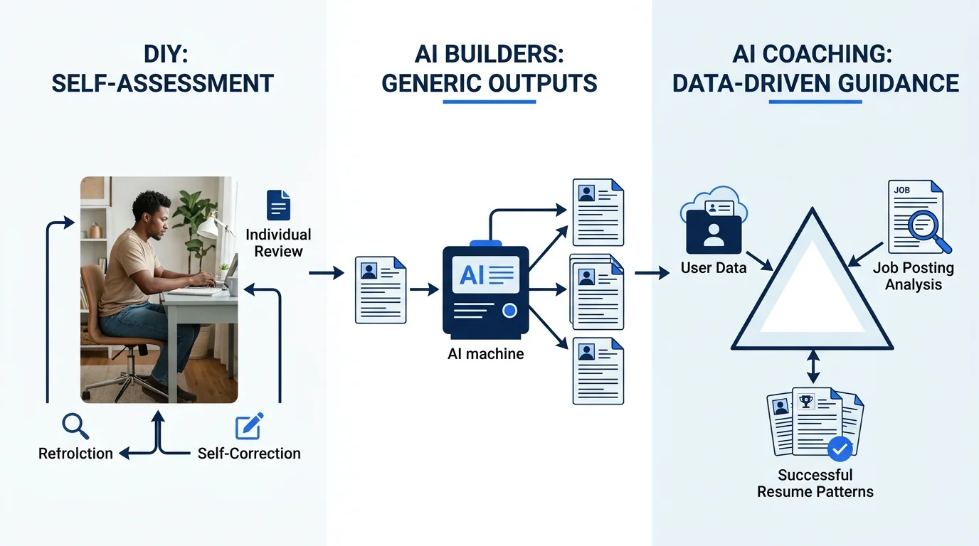 Three-panel workflow diagram showing data inputs and outputs for each approach: DIY shows a person alone at a desk with arrows representing self-assessment, AI builders show a resume going into a mach