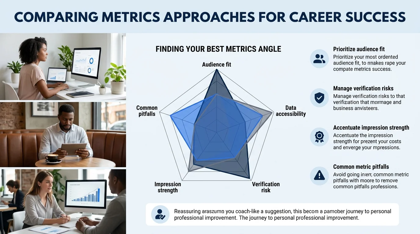 An infographic displaying a radar or spider chart comparing the three metrics approaches across five dimensions: audience fit, data accessibility, verification risk, impression strength, and common pi