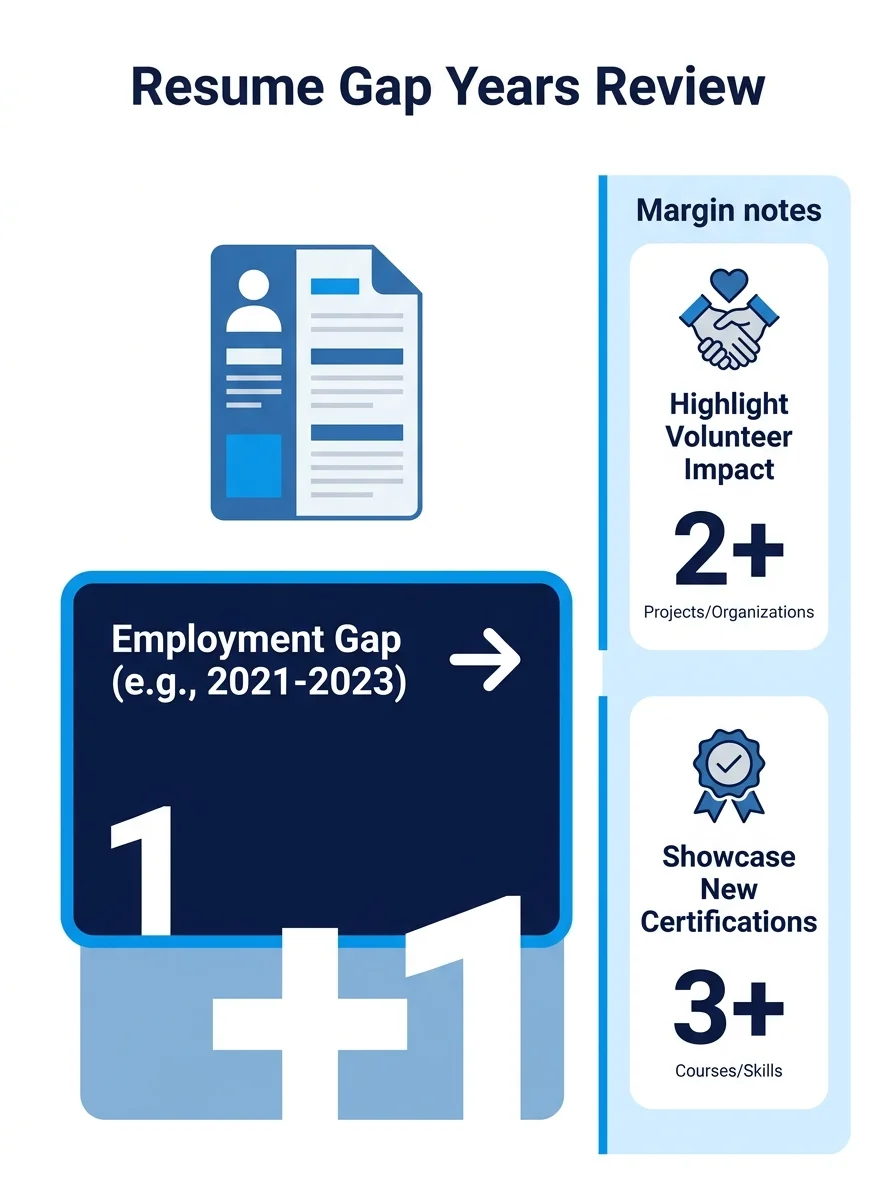 Professional reviewing resume with visible gap years while highlighting volunteer experience and certifications in margin notes