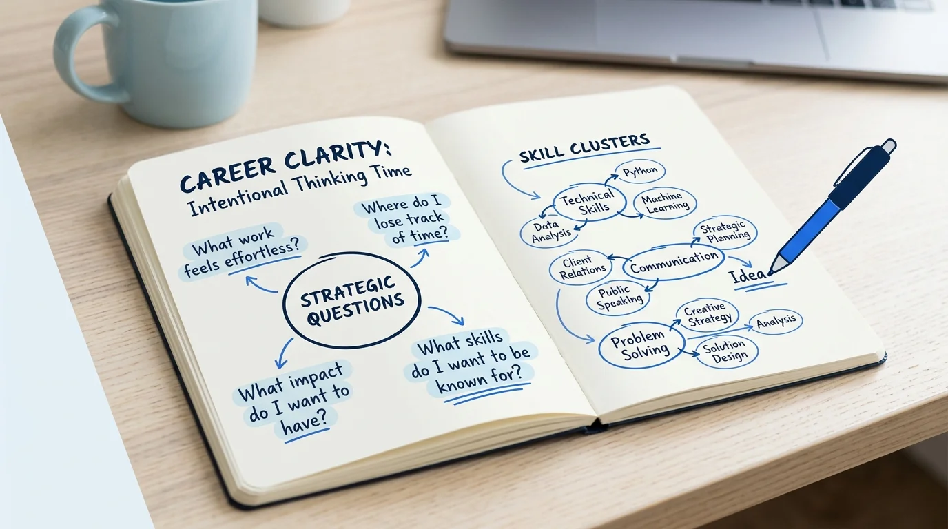 A notebook with handwritten career questions and skill clusters, representing structured reflection during intentional thinking time