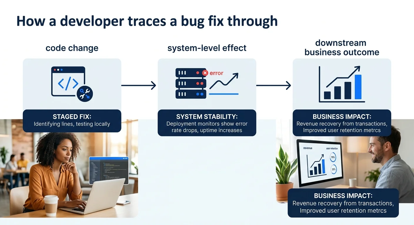 A flowchart showing how a developer traces a single bug fix through three stages: the code change itself, the system-level effect like reduced errors, and the downstream business outcome like revenue