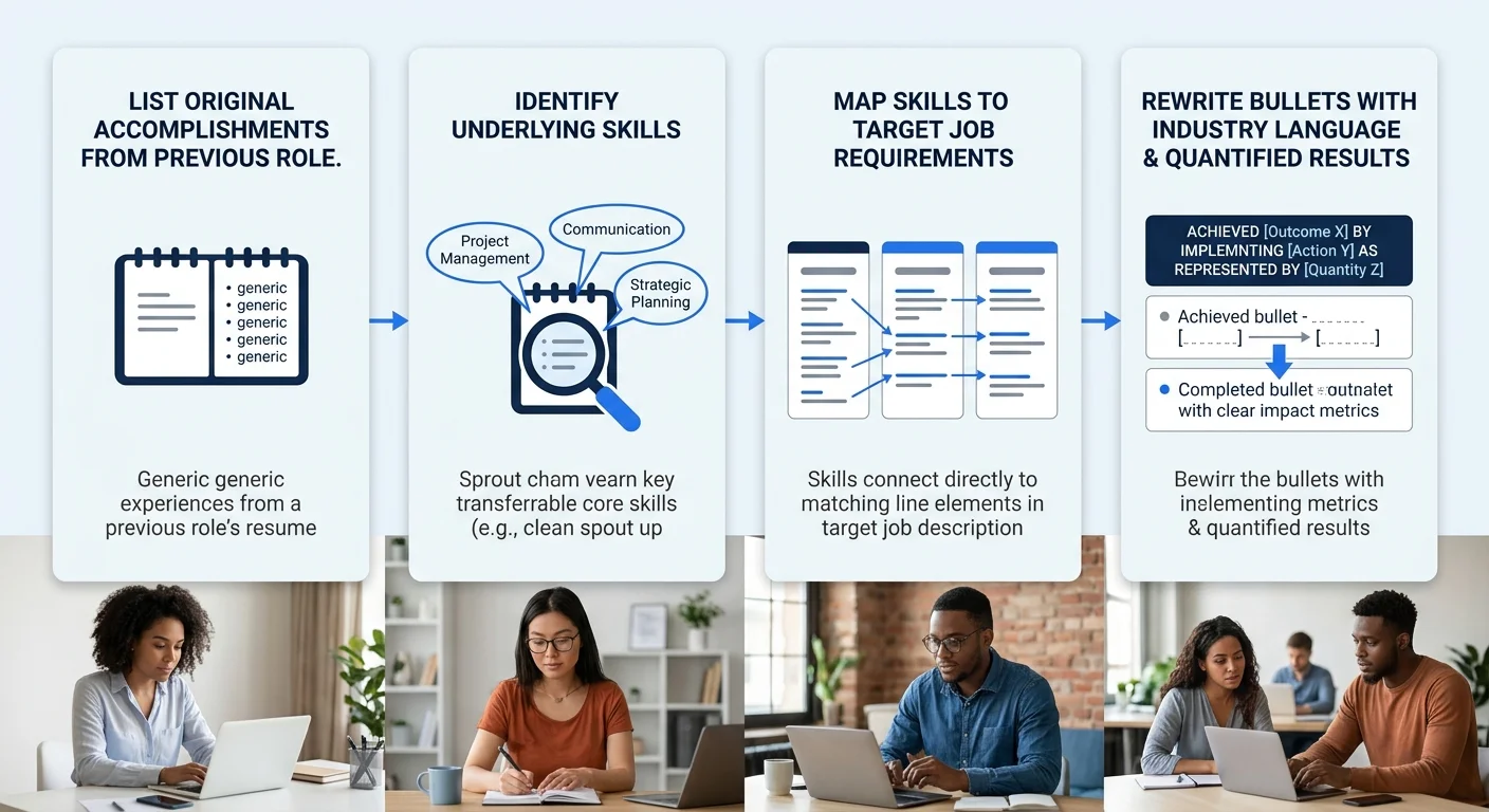 A flowchart diagram showing the skill mapping process: Step 1 lists original accomplishments from previous role, Step 2 identifies underlying skills, Step 3 maps those skills to target job requirement