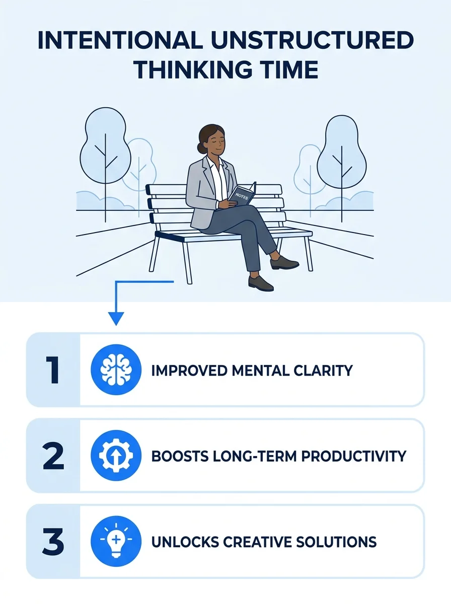 A professional sitting quietly in a park during lunch break with a closed notebook, representing intentional unstructured thinking time