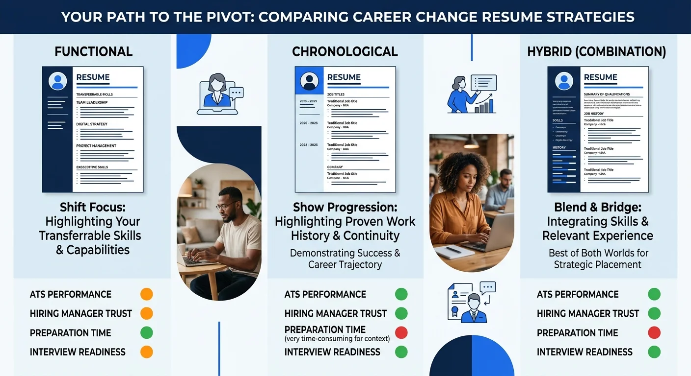 An infographic comparing the three career change resume strategies side by side, showing a visual scorecard with ratings for ATS performance, hiring manager trust, preparation time, and interview read