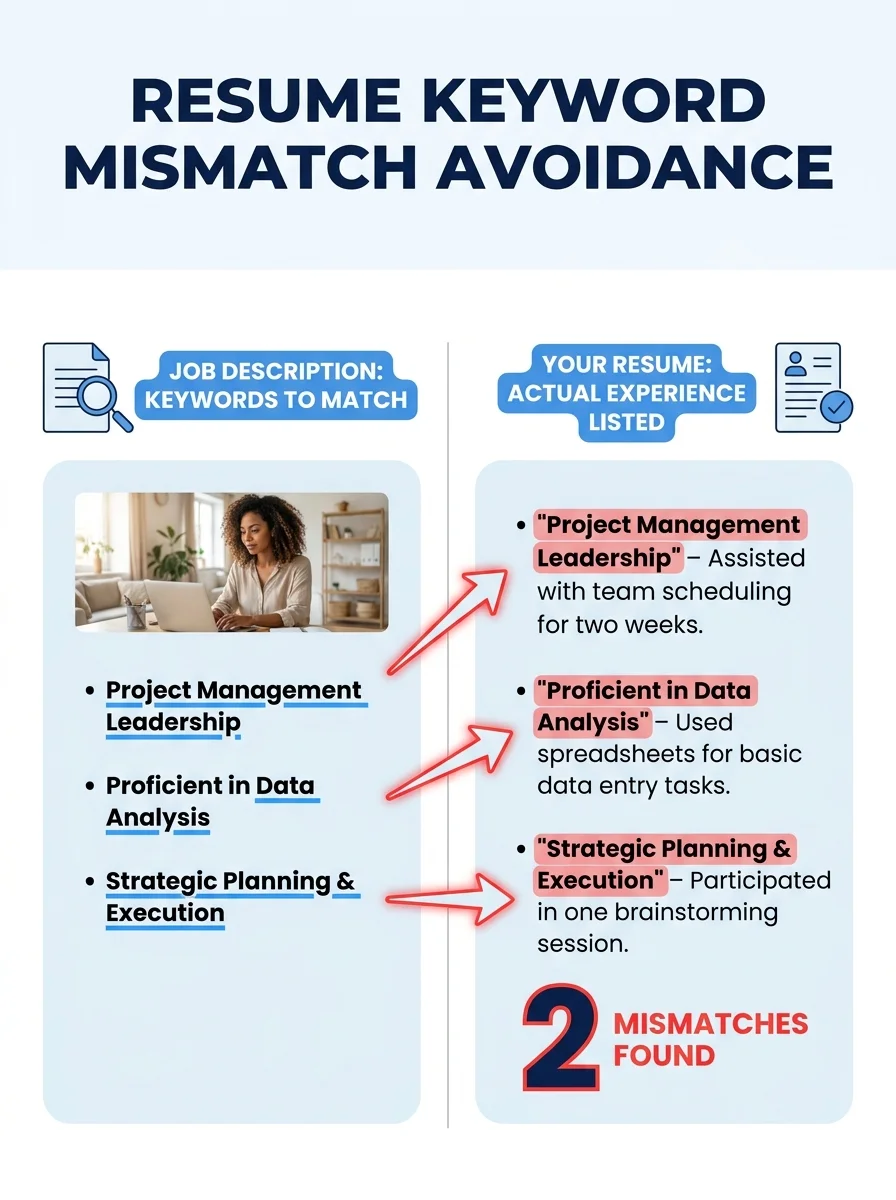 A split-screen illustration showing a job description on the left and a resume on the right, with red highlighting where copied keywords don't match the actual work experience listed in the bullet poi
