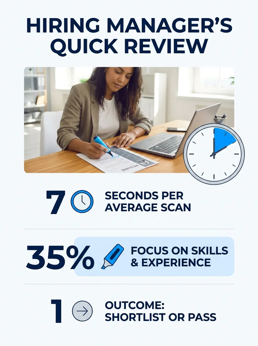 A hiring manager reviewing a resume document with highlighter pen in office setting, clock showing limited time
