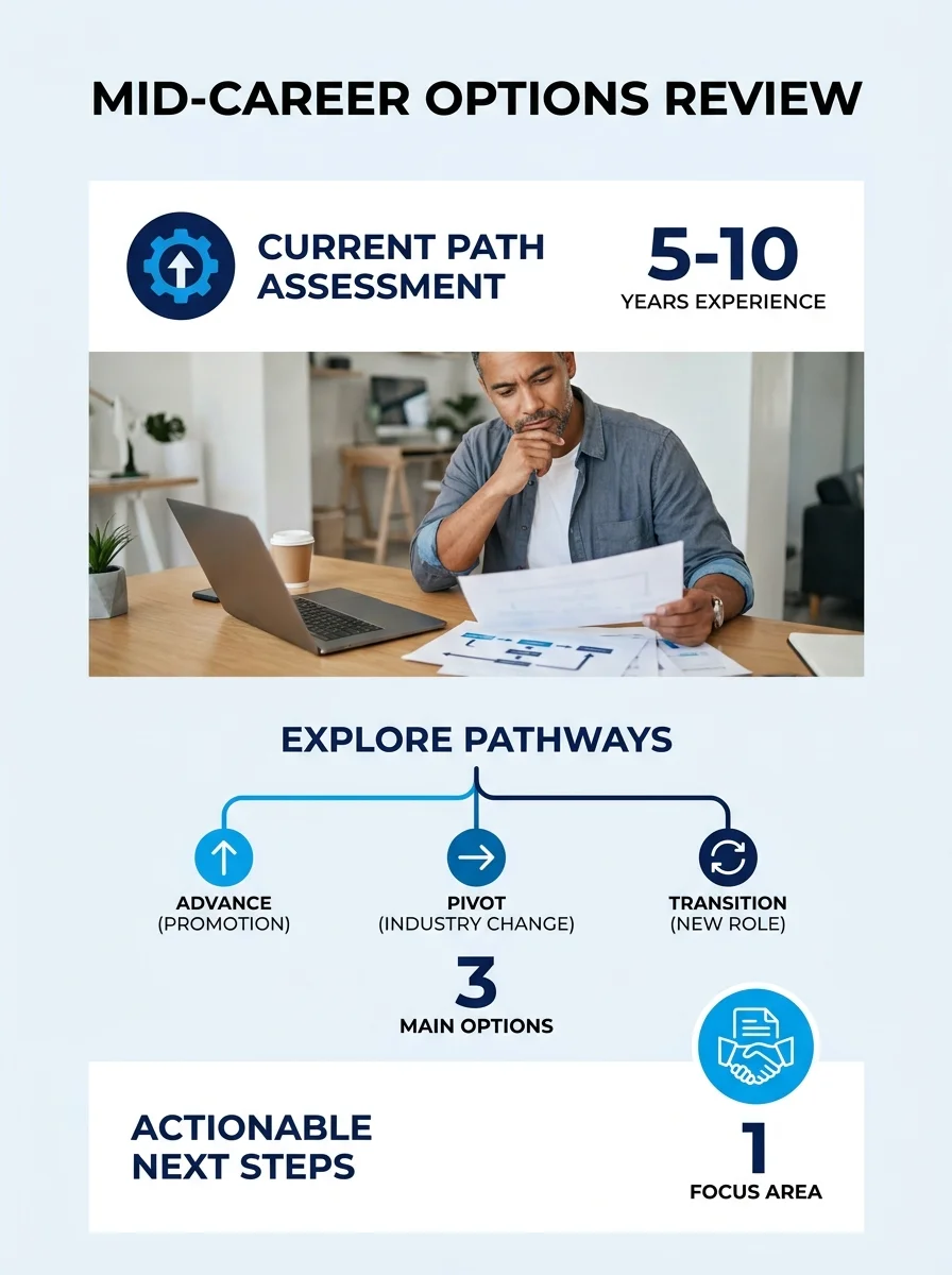 Mid-career professional reviewing career options at desk with multiple pathways illustrated on documents